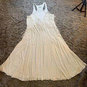 Vintage Y2K distressed Sauce white fringe ruffle maxi dress sz S
